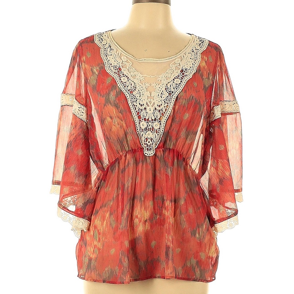 Free People Red and Cream Lace Blouse